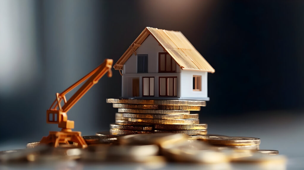 Miniature House On Stack Of Coins With Crane (KI-generiert)